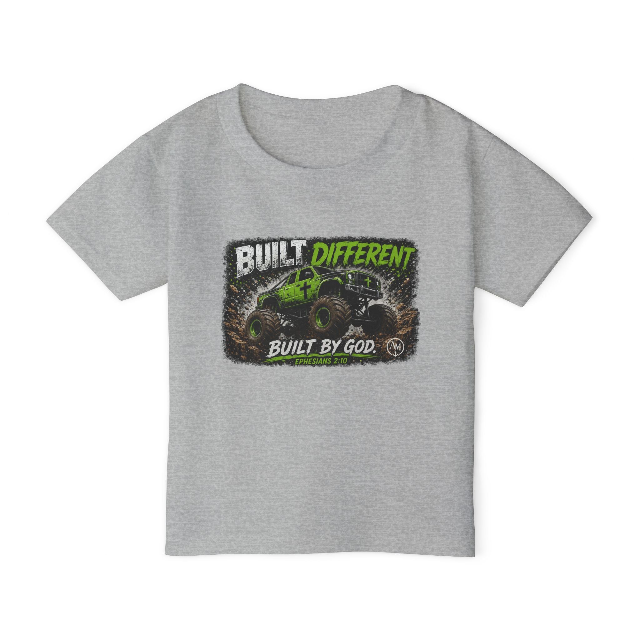 Toddler T‑Shirt — "Built Different, Built by God" Monster Truck Graphic