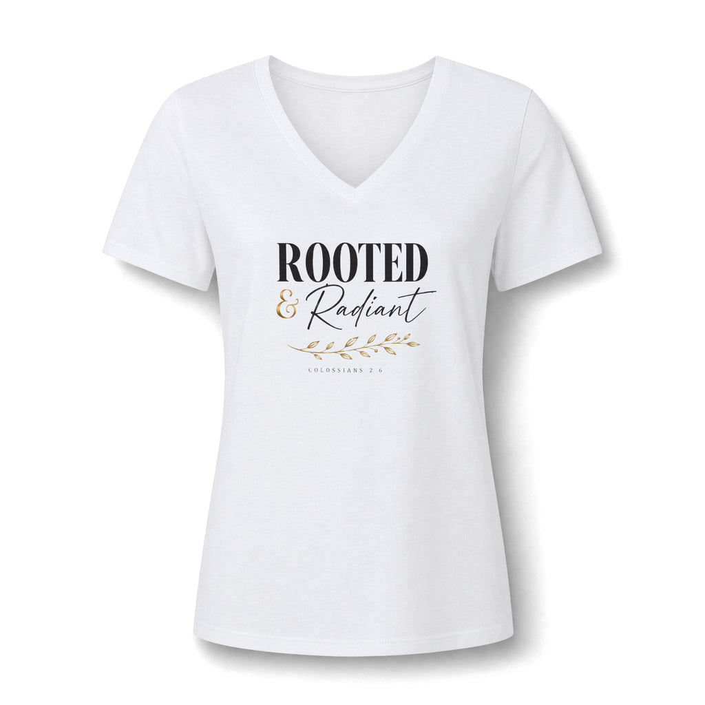 Rooted & Radiant Women's V-Neck Tee — Inspirational Floral Faith Graphic