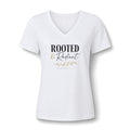 Rooted & Radiant Women's V-Neck Tee — Inspirational Floral Faith Graphic