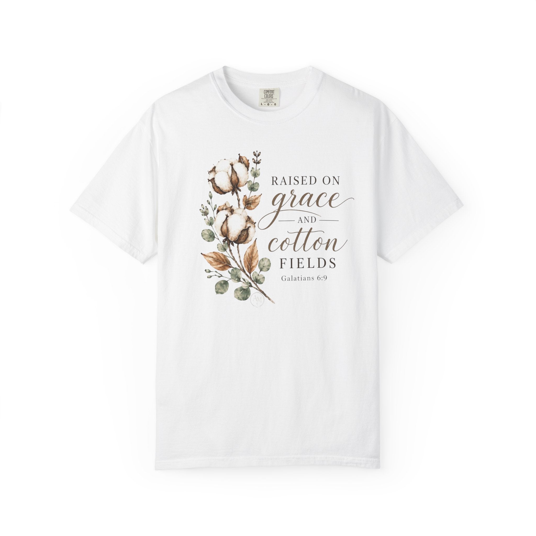 Raised on Grace and Cotton Fields T-Shirt — Rustic Floral Christian Tee
