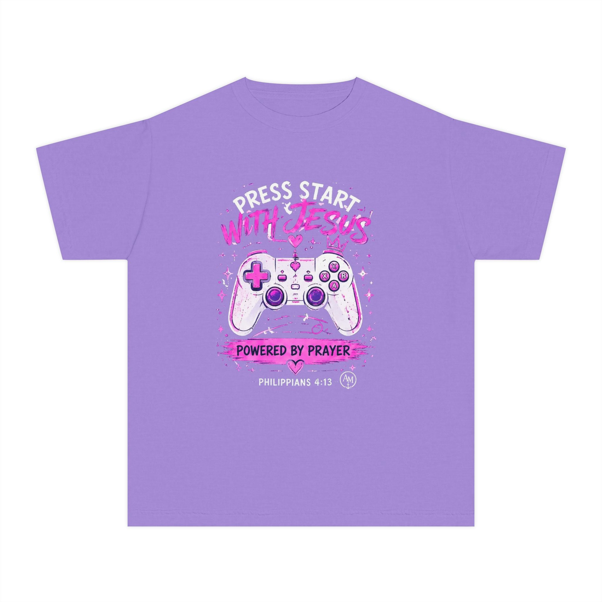 Youth Tee - "Press Start with Jesus" Gamer Christian T-Shirt (Powered by Prayer)