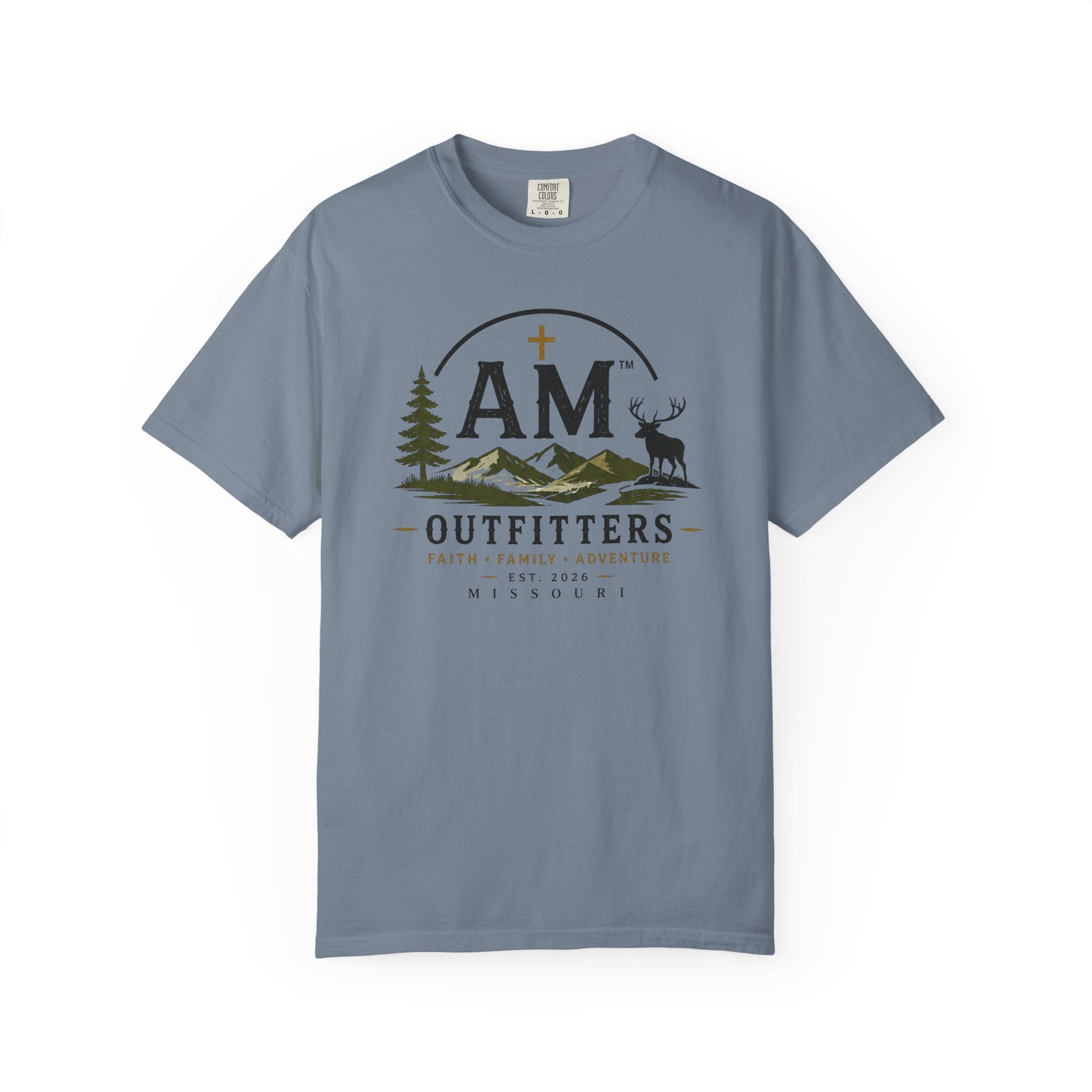 Outfitters T-Shirt — AM Mountains & Deer Graphic (Faith • Family • Adventure)