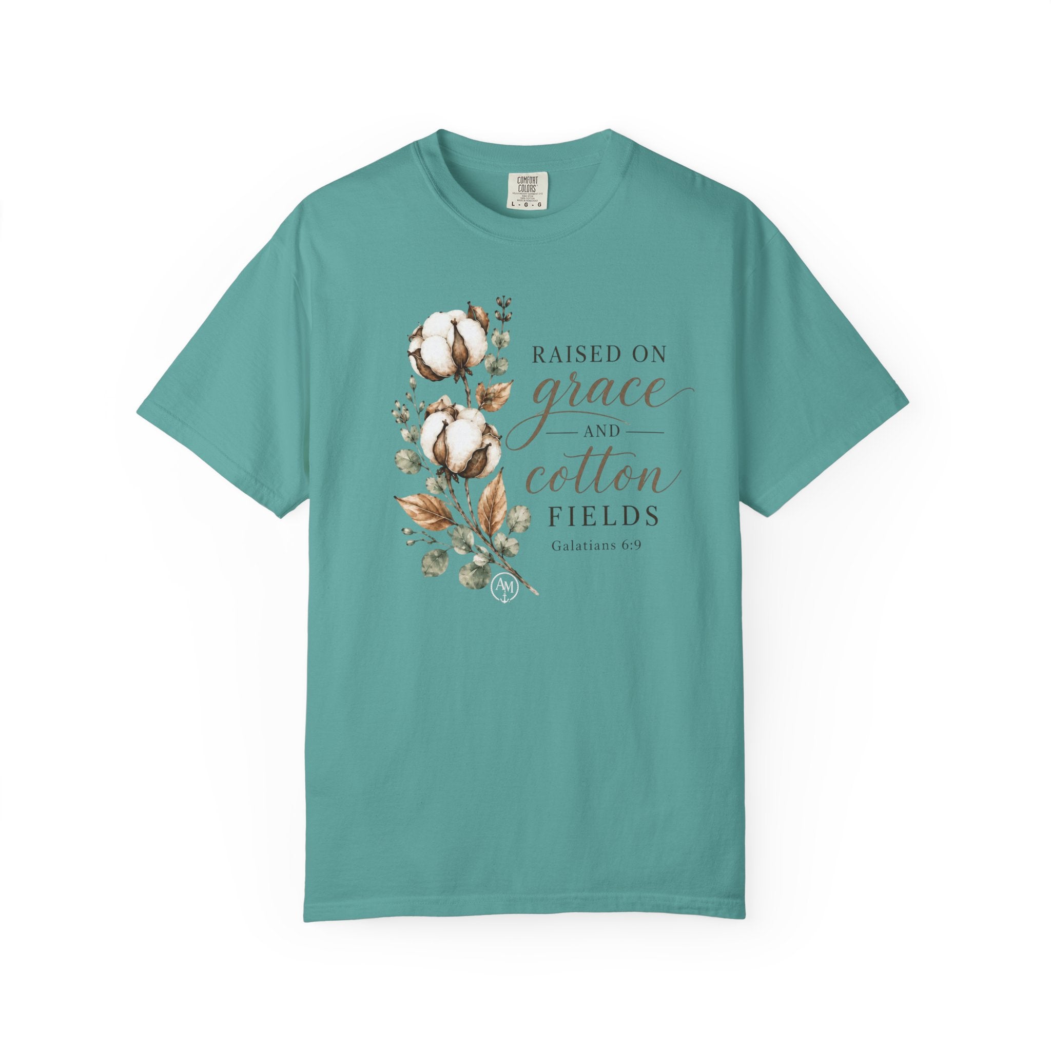 Raised on Grace and Cotton Fields T-Shirt — Rustic Floral Christian Tee