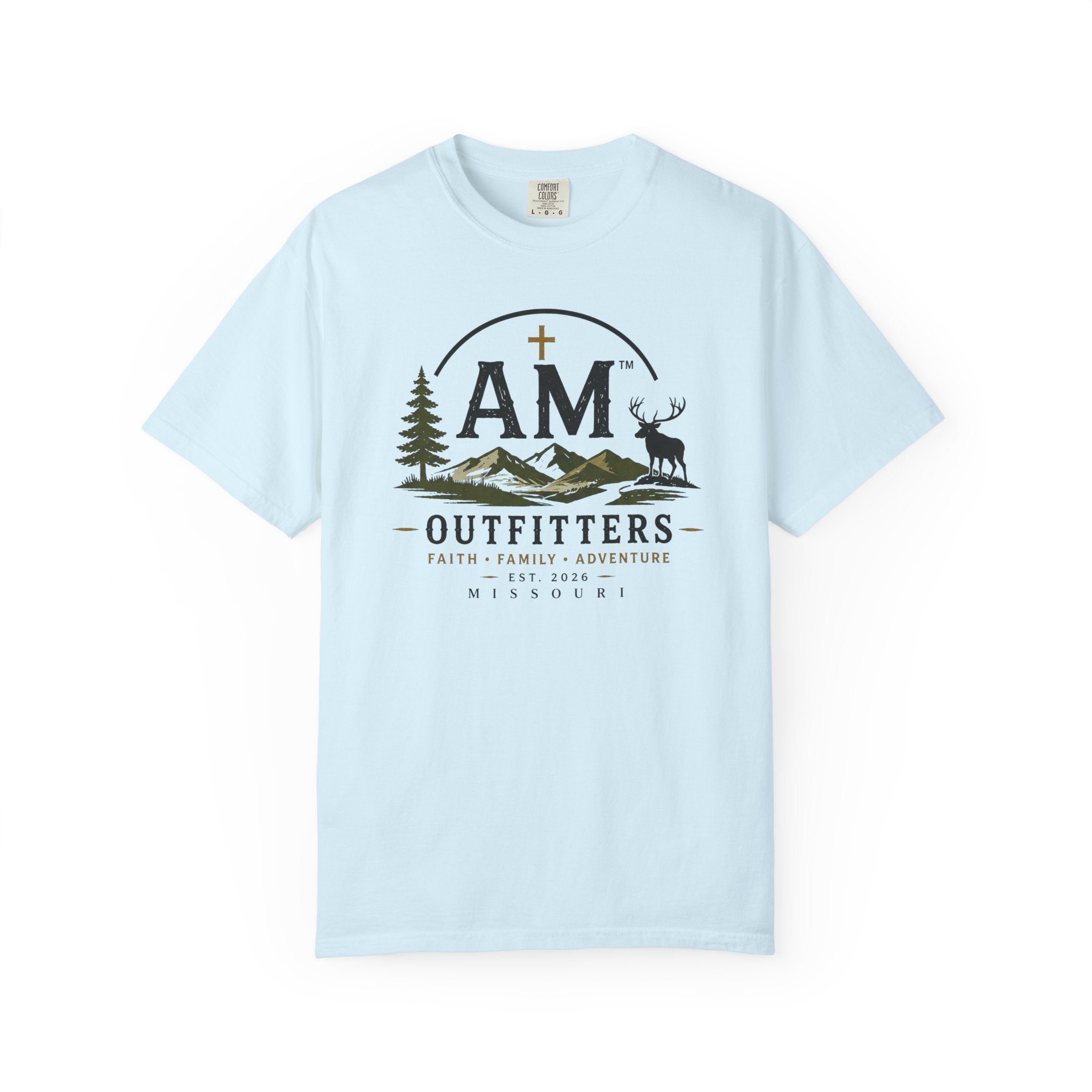 Outfitters T-Shirt — AM Mountains & Deer Graphic (Faith • Family • Adventure)