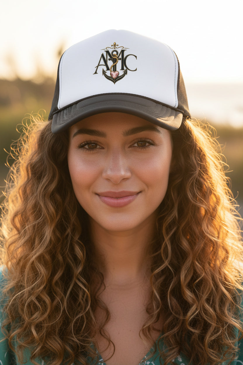 Anchored Mama Co. Monogram Trucker Hat – Vintage Anchor Crest Mesh Cap