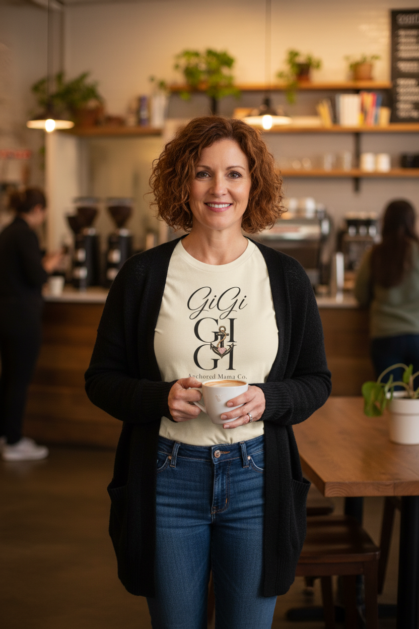 GiGi Monogram Graphic T‑Shirt — Vintage Neutral Tee with Script Logo