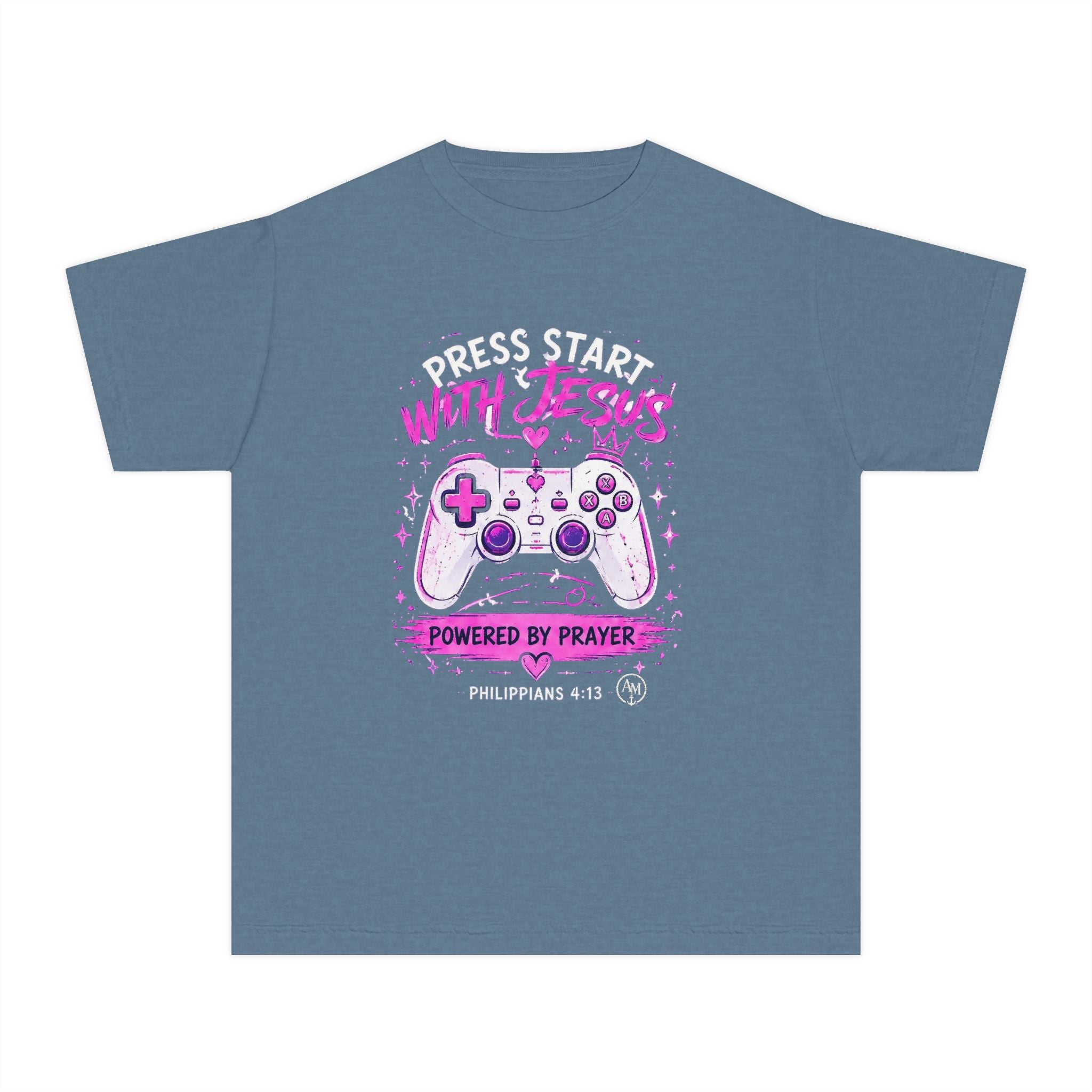 Youth Tee - "Press Start with Jesus" Gamer Christian T-Shirt (Powered by Prayer)