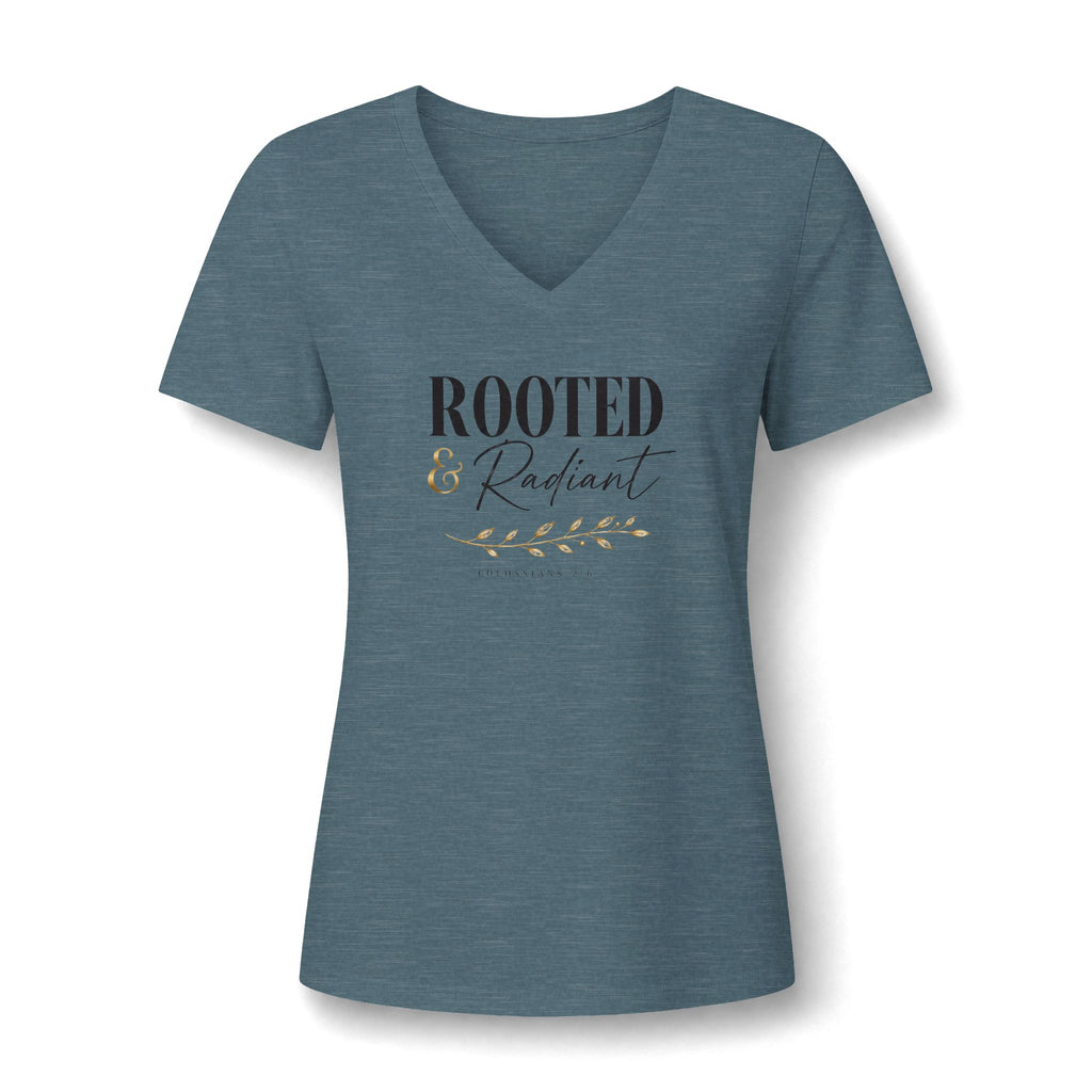 Rooted & Radiant Women's V-Neck Tee — Inspirational Floral Faith Graphic