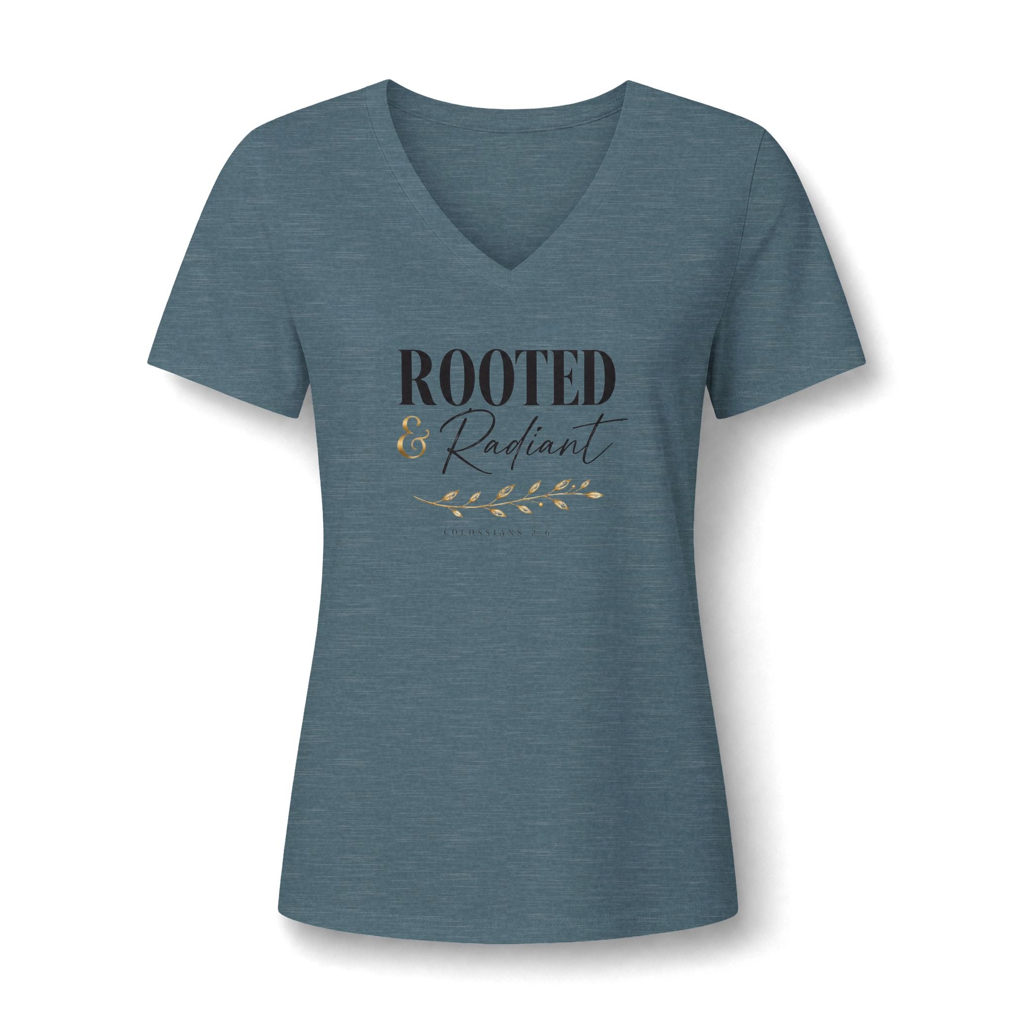 Rooted & Radiant Women's V-Neck Tee — Inspirational Floral Faith Graphic
