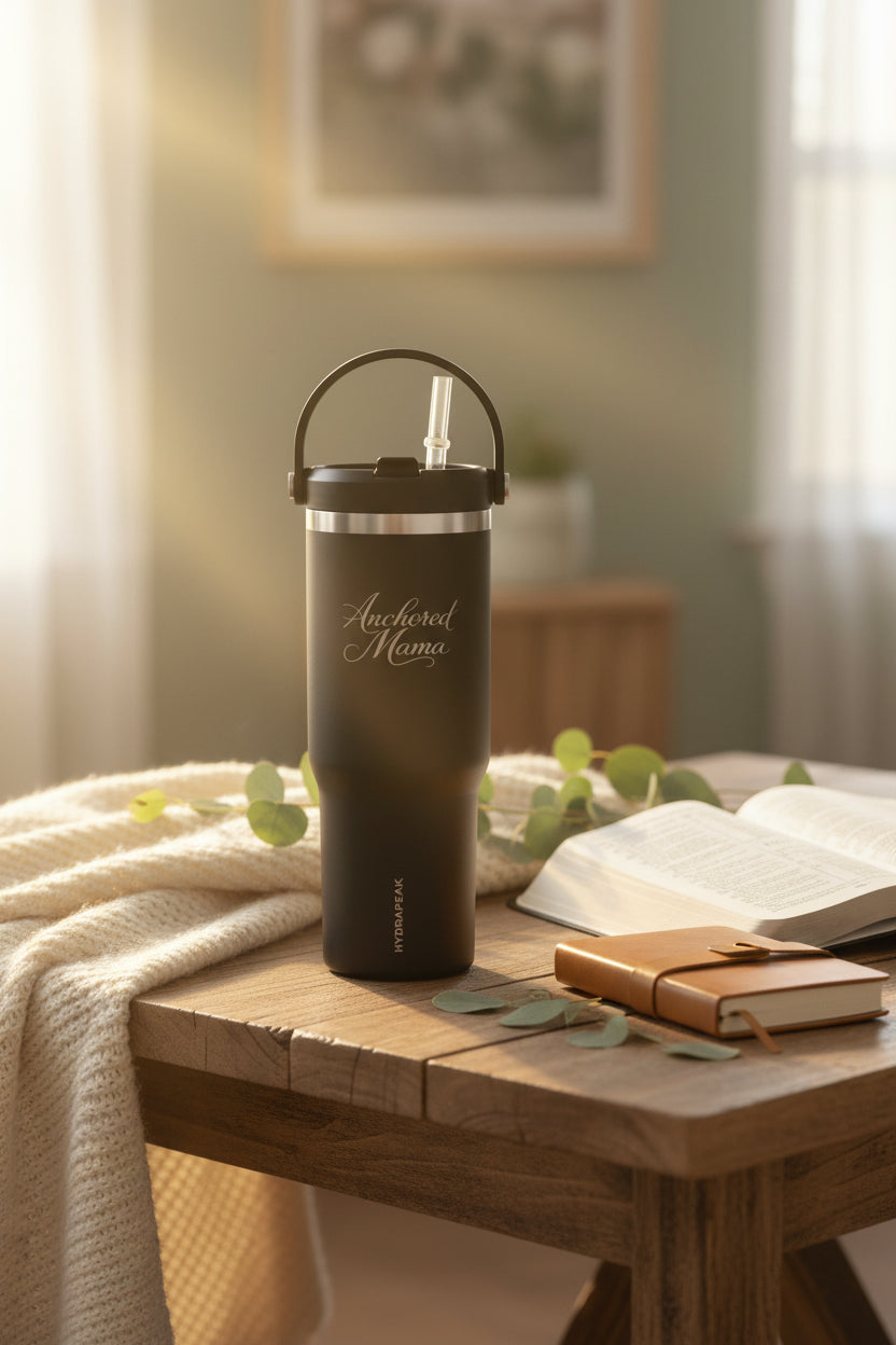 Anchored Mama 32oz Insulated Travel Tumbler with Handle | Christian Stainless Steel Straw Cup