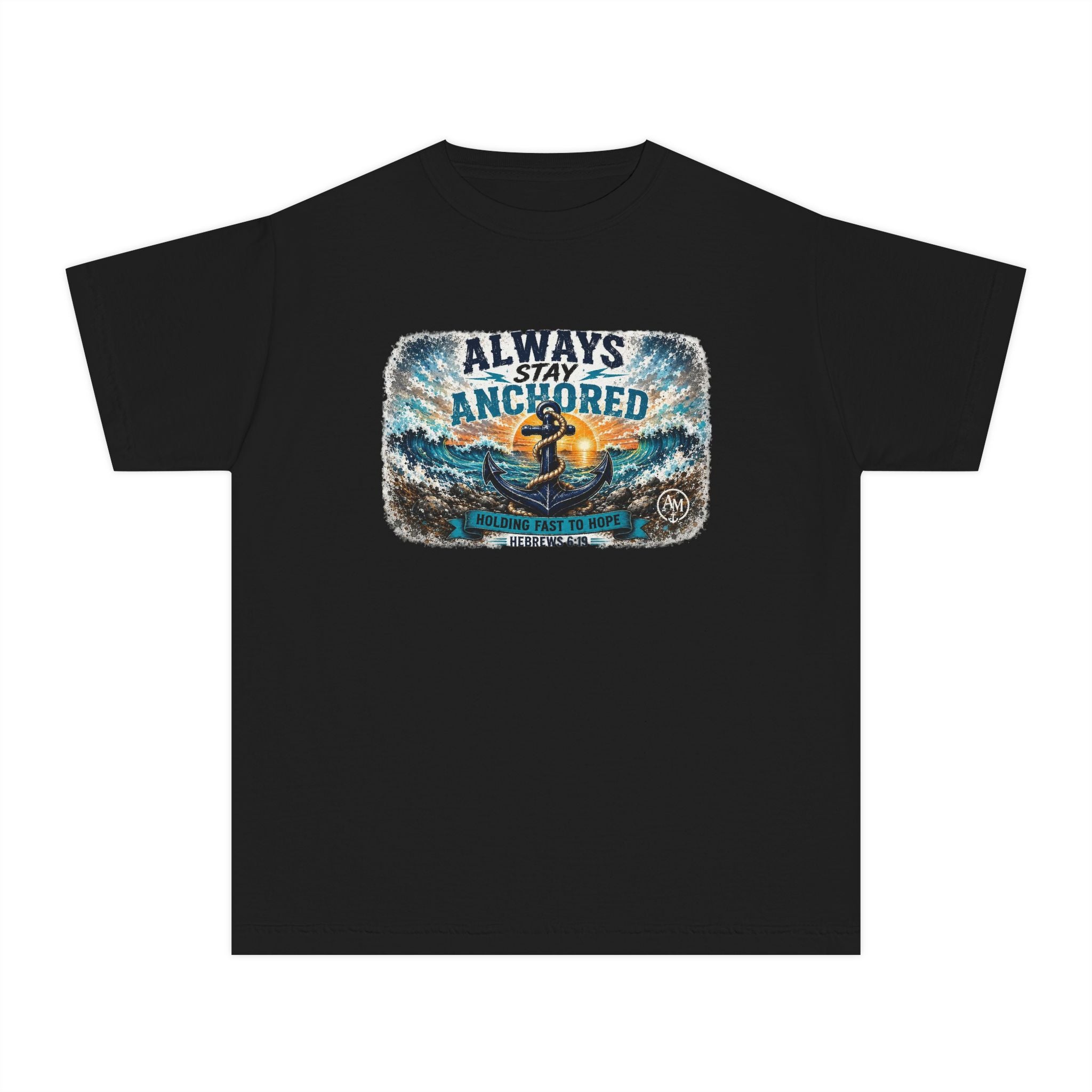 Youth Tee - "Always Stay Anchored" Nautical Anchor Sunset Graphic