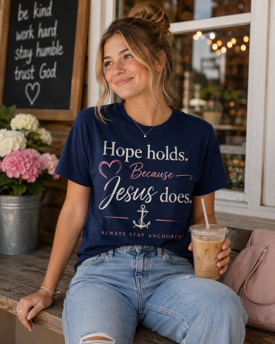 Christian T‑Shirt — "Hope Holds Because Jesus Does" Inspirational Tee