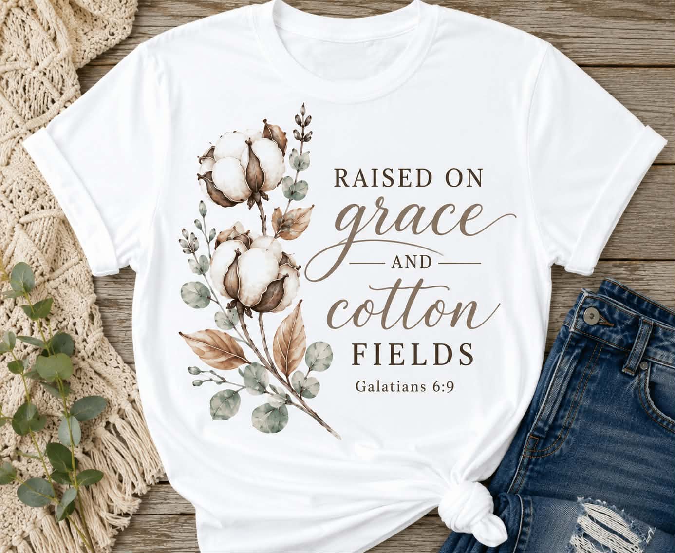 Raised on Grace and Cotton Fields T-Shirt — Rustic Floral Christian Tee